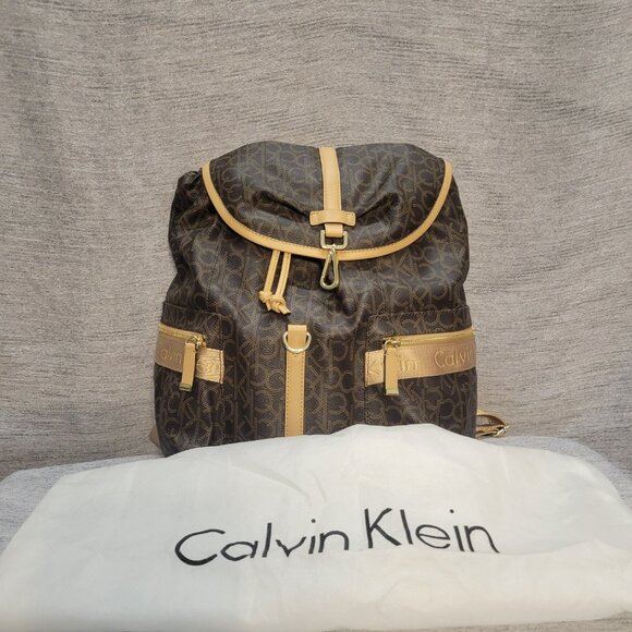 Calvin Klein Backpack Monogram Logo CK Print Drawstring Flap Bag - Picture 5 of 11